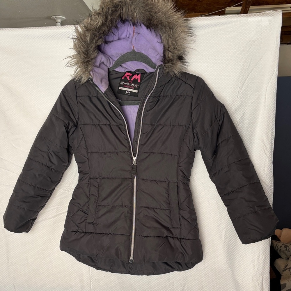 Kids Black Puffer Jacket with Faux Fur Hood